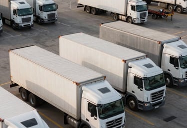 A wide-angle photograph of a bustling North American trucking terminal during the day, featuring several modern box trucks and flatbeds being staged for departure.
