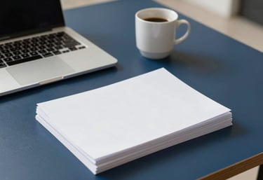 A minimalist workspace scene featuring a laptop, a coffee cup, and a stack of clean white paper on a navy blue desk. Soft shadows and bright lighting create a calm, focused professional atmosphere.