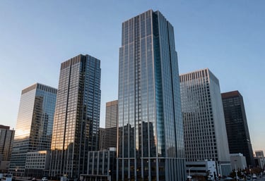 An architectural photography shot of a growing urban business district with modern glass skyscrapers under a clear North American sky, showing financial vitality.