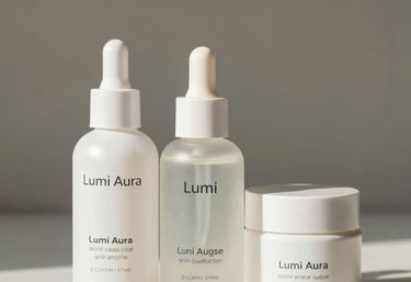 Softly lit flat lay of Lumi Aura skincare products on an ivory and champagne gold background.