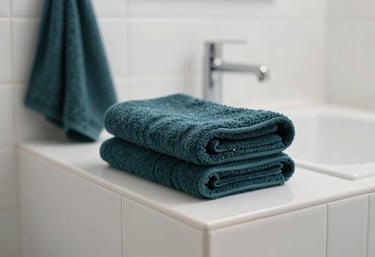 A sparkling clean minimalist Australian bathroom with white tiles and dark teal towels, soft-focus background, bright and airy.