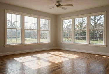 A photograph of a tidy, empty North American living room with large windows and sunlight, symbolizing a fresh start and a completed home sale.