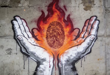 Two palms facing upwards holding a flame with a human fingerprint