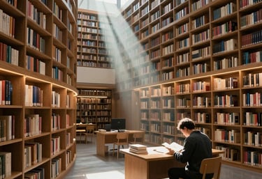 A Student studying in a large Library with a shaft of light illuminating him