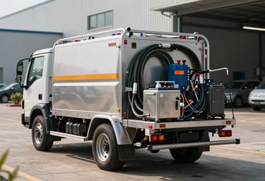 A professional pressure washing trailer unit with hoses and equipment, parked neatly in a clean North American / US industrial park setting.