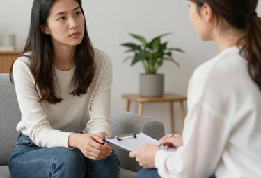 A professional coach attentively listening during a divorce consultation in a modern office setting.