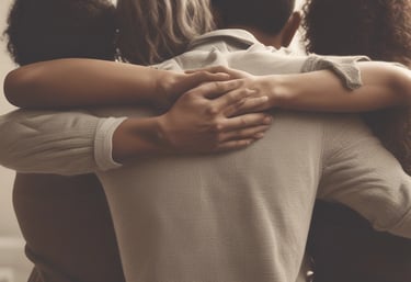 A warm, cozy room with soft lighting and a comfortable chair inviting someone to sit and talk.