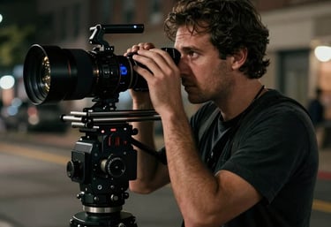 A cinematic shot of a film director looking through a viewfinder on a North American street at night. Moody, dark colors.