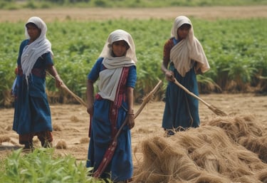 A vibrant market scene showcasing jute bags filled with fresh groceries and coffee beans.
