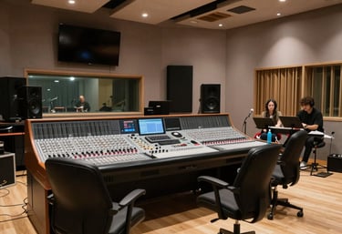 Close-up of a vintage mixing console with glowing knobs and sliders, capturing the essence of audio overdubbing.