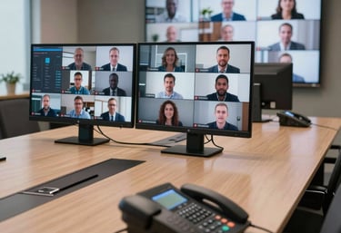 A professional conference room with high-end video conferencing equipment and IP phones, showing a modern tech-integrated business environment.