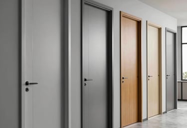 A photography of a series of modern, high-quality commercial doors in a corporate hallway, showing repetitive clean lines and a sophisticated aesthetic in light grey and amber tones.