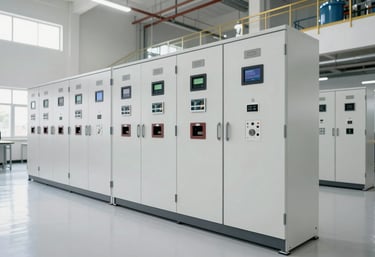 Wide shot of a modern industrial energy room with cabinets for power distribution, clean floor, South American architecture hints, bright white and gray color palette.