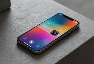 An elegant photograph of a smartphone displaying a colorful music album cover art. The phone is placed on a textured gray surface in a modern North American / US home. Lighting is soft, emphasizing clean lines and creative freedom.