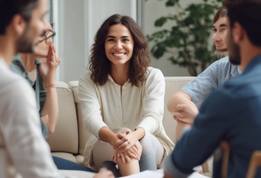 A warm, inviting therapy room set up for a couples session.