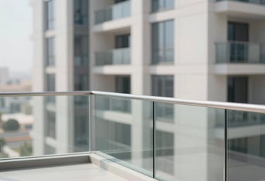 A sleek modern balcony railing made of glass and polished aluminium profiles, clean architectural design in a Riyadh residential area, luxury aesthetic with #F8F5F2 and #B7A598 accents.