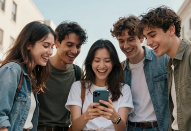 A group of friends in a North American / US urban setting sharing a laugh over something on a phone screen, vibrant and fun atmosphere, soft sky blue and bright off-white lighting, photography.