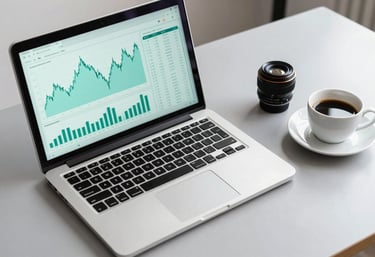 A clean, organized workspace with a high-end laptop showing financial charts in seafoam teal and a cup of black coffee on a light grey desk.