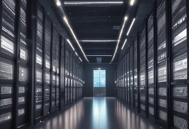 Modern data center aisle featuring rows of high-performance server racks and LED lighting.