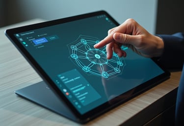 A person using a touchscreen laptop to interact with a digital blockchain cryptocurrency interface.