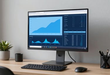 A minimalist and organized workspace in a European / French office with a premium monitor displaying data graphs in sky blue and dark navy shades.