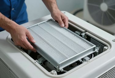 A clean, high-efficiency air filter being replaced in a modern HVAC system. Sterile and professional environment in a Latin American setting, blue and white tones.