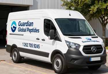 A delivery van parked outside a Guardian Global Peptides outlet in Europe during a sunny day.