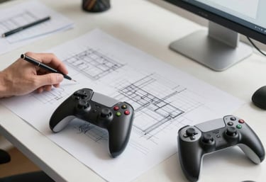 A professional designer at a large desk with architectural sketches and a game controller. Clean North American / US workspace. Modern aesthetics.