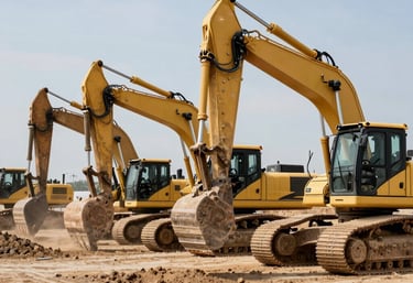 A dynamic shot of multiple earth-moving vehicles lined up on a North American construction site under a clear sky. High-quality commercial photography showing professional scale.