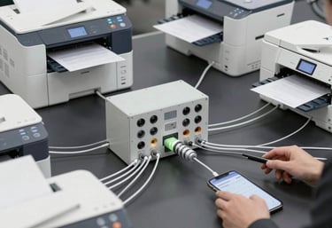 Office printer connected to a network, ready for multiple users.
