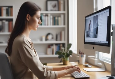 A professional working comfortably on a desktop computer with the deskclients.com CRM interface visible.