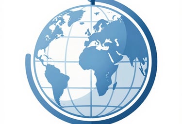 A blue and white world globe icon representing global connectivity and earth geography.