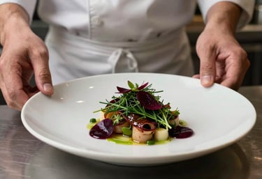 A close-up shot of an artisanal chef plating a dish in a modern kitchen. The colors are high-contrast with deep ripe crimson garnishes and forest green herbs on a crisp parchment plate.