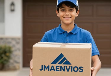 A friendly delivery person handing a package to a happy customer in a bright office setting.