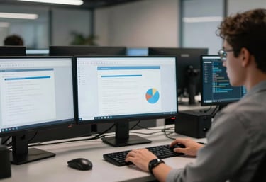 A person in a sleek, modern workstation using multiple monitors in a tech hub. The lighting is soft and professional, highlighting a focused, innovative North American environment.