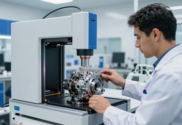 High-tech quality control lab featuring a technician using a 3D laser scanner on a complex engine part. The room is bright with white and neon blue accents, reflecting a high-standard Latin American / Spanish-speaking engineering environment.