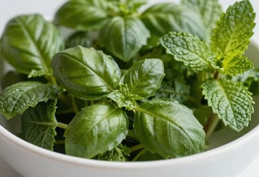 Close-up of various fresh, colorful herbs like basil and mint in a minimalist white bowl. Soft, natural light.