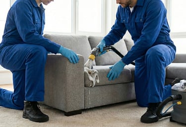 Técnicos lavando muebles en Ibagué con máquina profesional