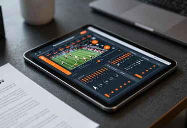 A tablet on a dark desk showing sports performance data and contract analytics, modern office setting with vibrant orange highlights.