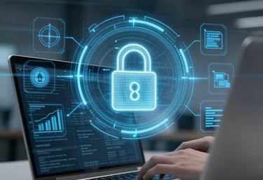 A team collaborating over cybersecurity frameworks on laptops and digital tablets.