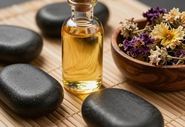 A serene arrangement of dark massage stones, a glass bottle of amber-colored oil, and a wooden bowl of dried flowers on a bamboo mat, Global / International Luxury.
