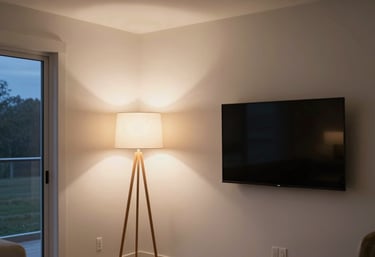 An interior shot of a North American / US house at dusk, where the soft off-white walls are illuminated by the warm light of a modern lamp and a television screen.