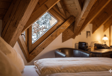 Gemütliches Dachzimmer mit Holzgebälk & Winterblick aus dem Fenster. Interiorfotografie Metta Macro