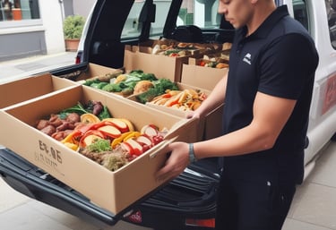 A delivery driver carefully loading catering trays into a van.