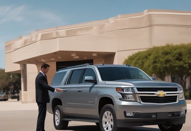 A professional bilingual chauffeur opening the door of a luxury Suburban for a client.