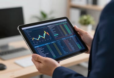 A close-up of a tablet screen showing a vibrant, high-contrast data visualization. The device is held by a professional in a sharp navy blazer, North American office setting.
