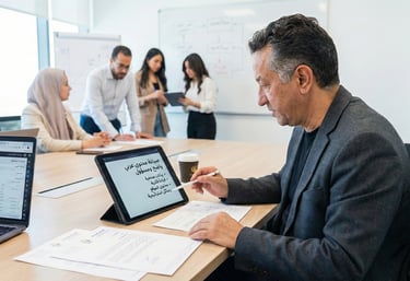 “A content team gathered around a table, drafting Arabic text with laptops and papers spread out.