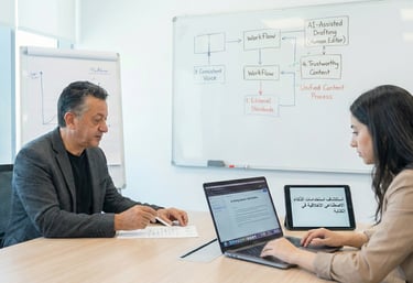 A group of professionals using a laptop to explore AI applications in communication.