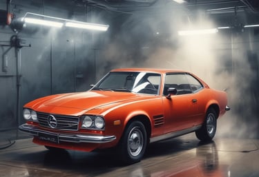 A skilled technician carefully repainting a sleek car in a bright, modern auto body shop.