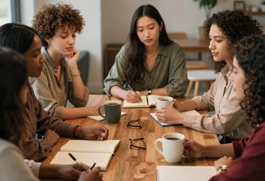 A warm group circle of women sharing and supporting each other.